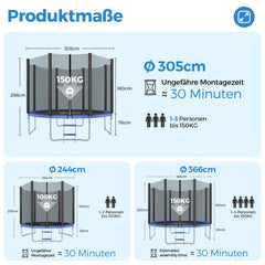 Sekey Trampolin Ø 305 cm für den Garten – TÜV/GS-zertifiziertes Outdoor Trampolin mit Sicherheitsnetz, W-Beinen & Leiter – bis 150 kg belastbar, wetterfest & kindersicher Sekey
