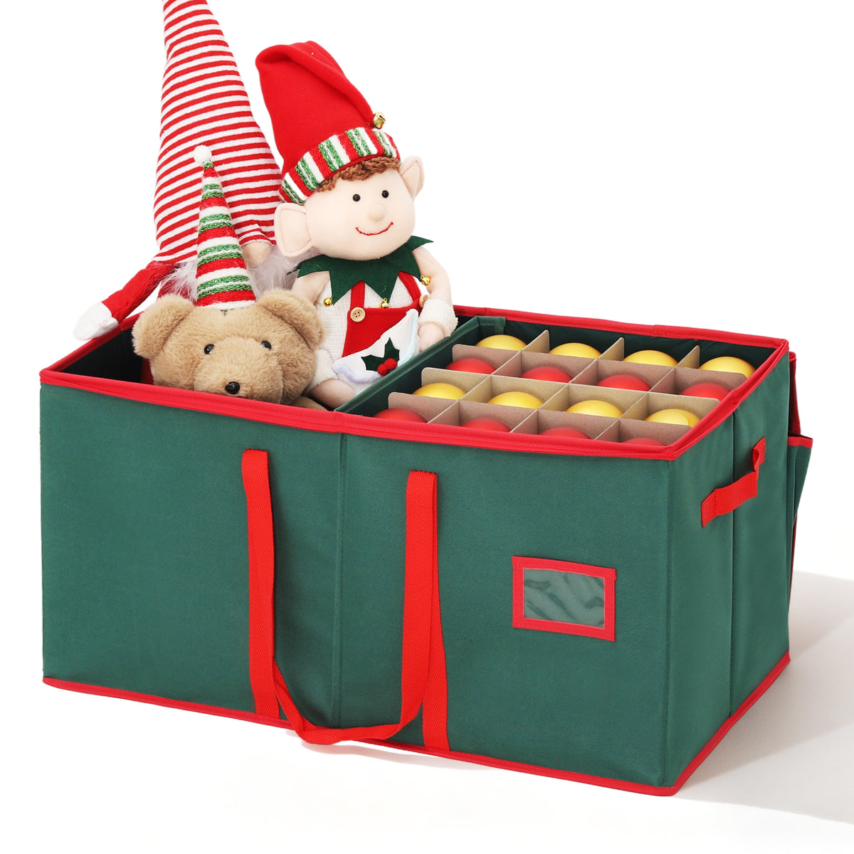 Salcar Grüne Aufbewahrungsbox für 128 Weihnachtskugeln – Faltbare Christbaumkugel-Box 64,8×32,3×34,2 cm mit 128 Fächern, Tragegriffen & Doppelreißverschluss