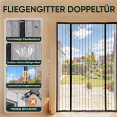 Sekey Insektenschutz Tür Magnet ohne Bohren – Fliegengitter Doppeltür für Balkon- & Terrassentür, 158×206 / 188×206 / 200×240 cm, Mückenschutz für Schiebetür