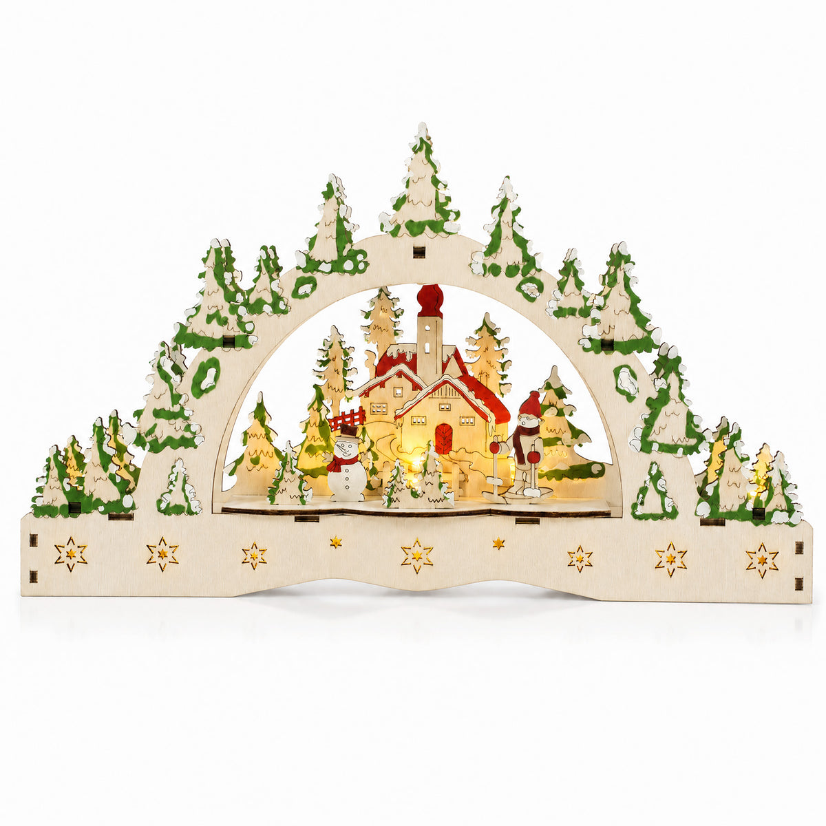 Salcar LED Schwibbogen aus Holz, 3D Weihnachtsdeko mit verschneiter Altstadt und Fachwerkhäusern, 13 warmweiße LEDs, batteriebetriebener Lichterbogen für Tisch, Fensterbank & Sideboard