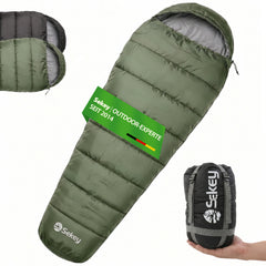 Sekey Mumienschlafsack Erwachsene – Ultraleichter Sommerschlafsack 0,9 kg / 1,7 kg, wasserabweisend & atmungsaktiv, mit Anti-Klemm-Reißverschluss, 220 × 80 × 50 cm, für Camping, Trekking & Reisen – Anthrazit / Grün