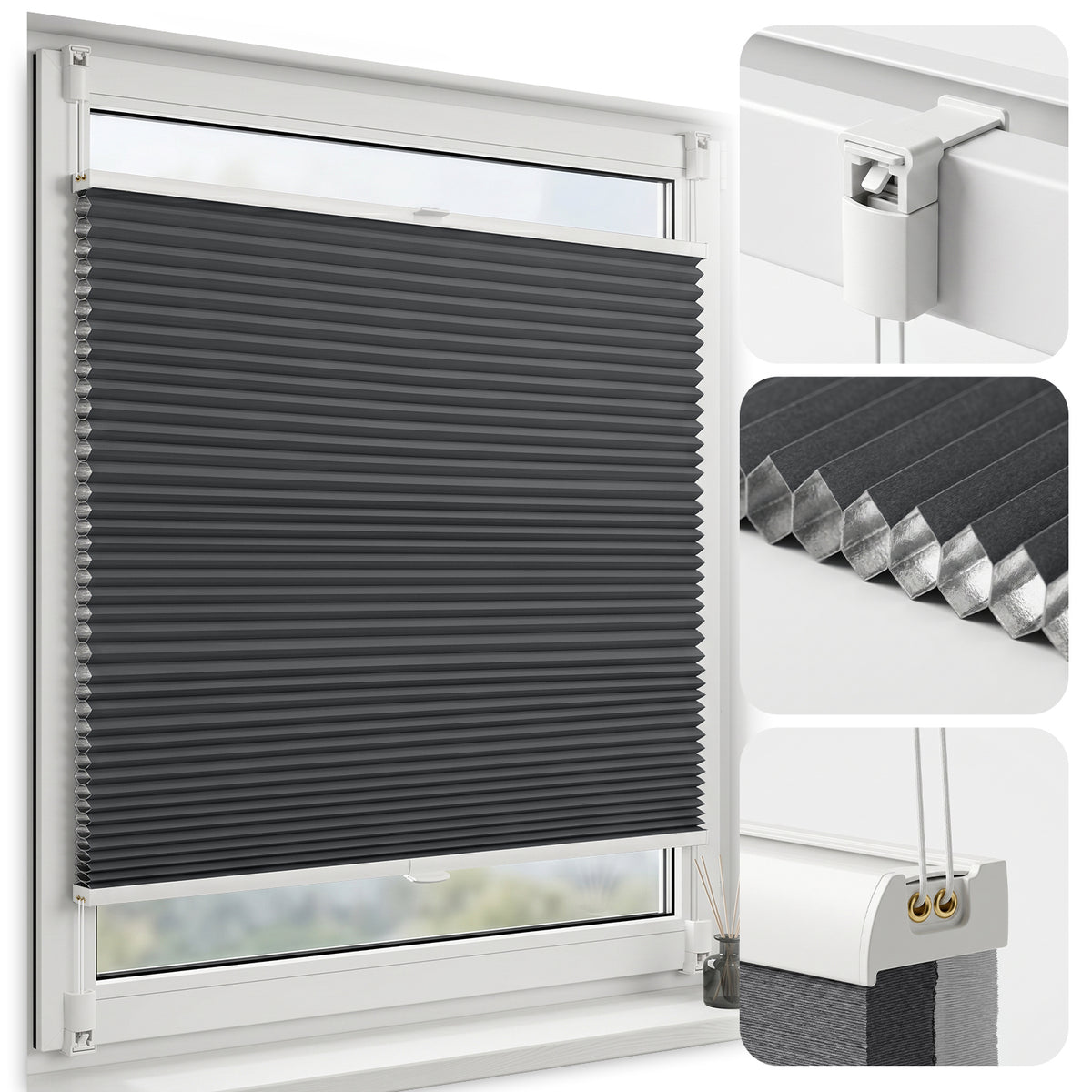 Salcar Wabenplissee Anthrazit ohne Bohren – Verdunkelungsplissee Thermo Doppelplissee Klemmfix für Fenster & Türen, Up & Down Plissee mit Hitze- und Schallschutz