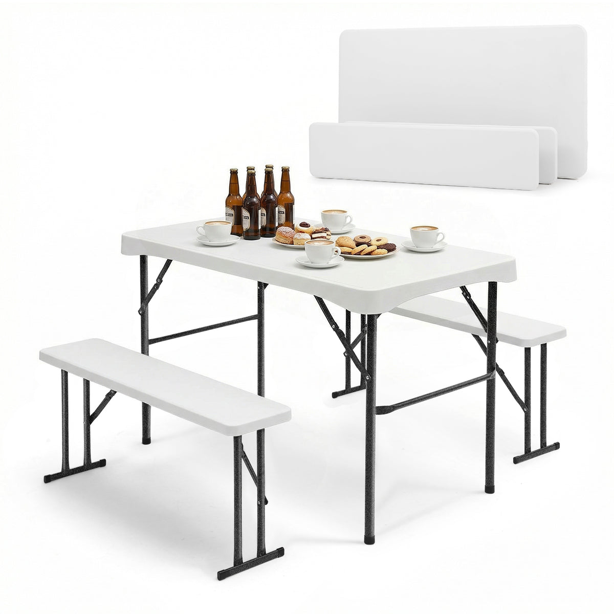 Sekey Bierzeltgarnitur 113 cm – 3-teiliges klappbares Set mit Tisch & 2 Bänken | Esstischgarnitur für Garten, Balkon, Camping oder Party
