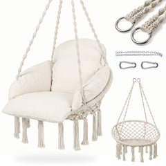 Sekey Hängesessel 360° drehbar mit Ringkissen – Boho Hängestuhl aus Recycling-Baumwolle, gemütlicher Hängesitz mit Metallkette & Karabinern für Wohnzimmer, Balkon und Terrasse