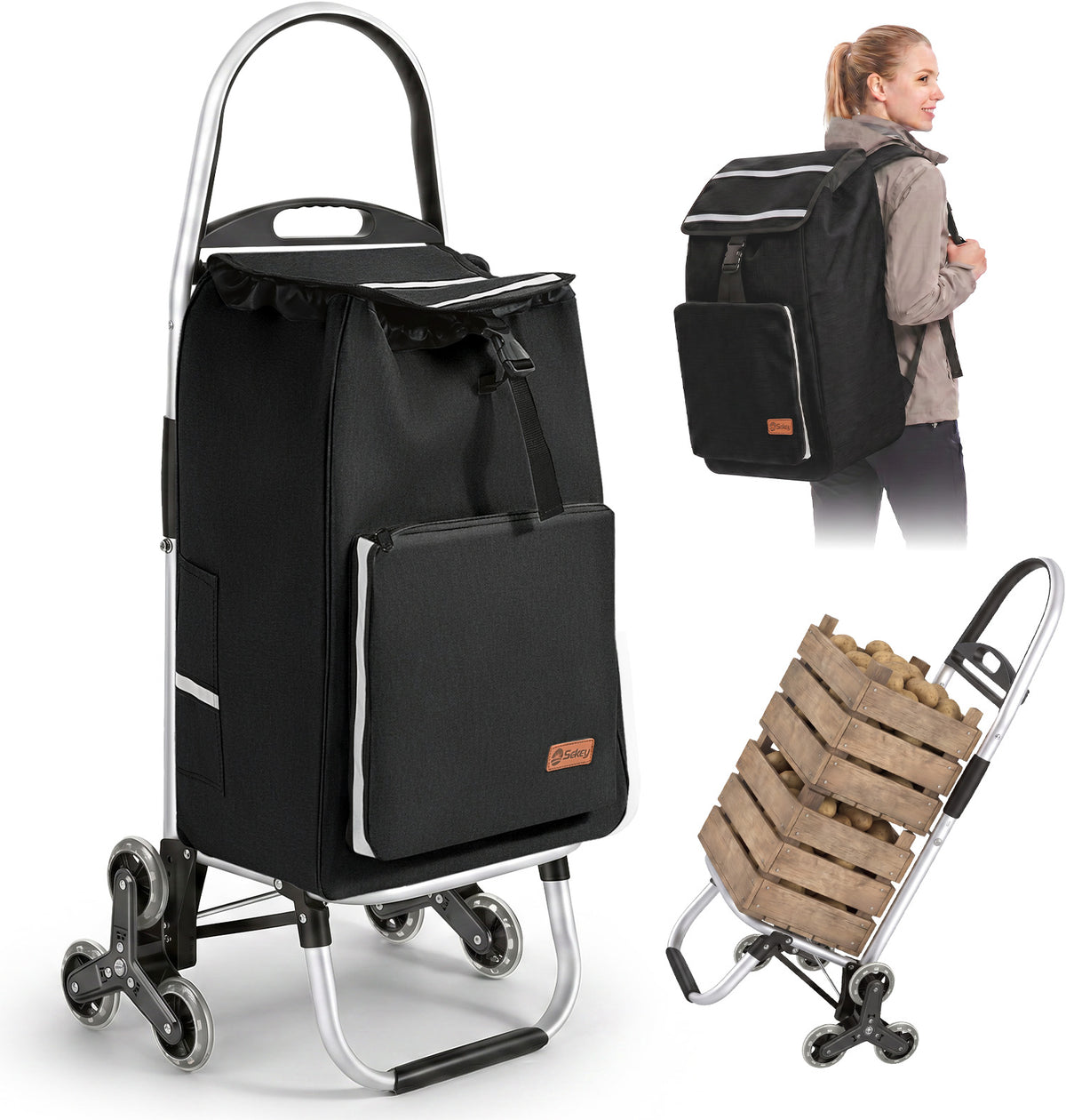 Sekey Einkaufstrolley klappbar 3-in-1 – Einkaufstrolley, Sackkarre & Rucksack mit Treppensteiger-Rädern, leichter Aluminiumrahmen, faltbar & stabil für Einkauf, Reisen und Senioren