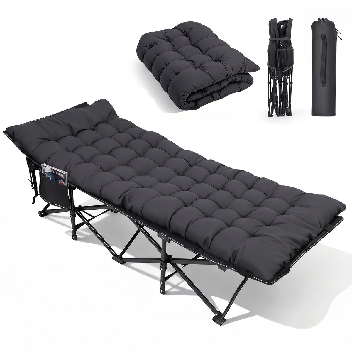 Sekey Feldbett Campingbett Klappbar 190 × 71 × 35 cm – Campingliege mit 7 cm Matratze, Klappbett bis 200 kg, Angelliege aus 1200D Oxford-Gewebe, Schwarz