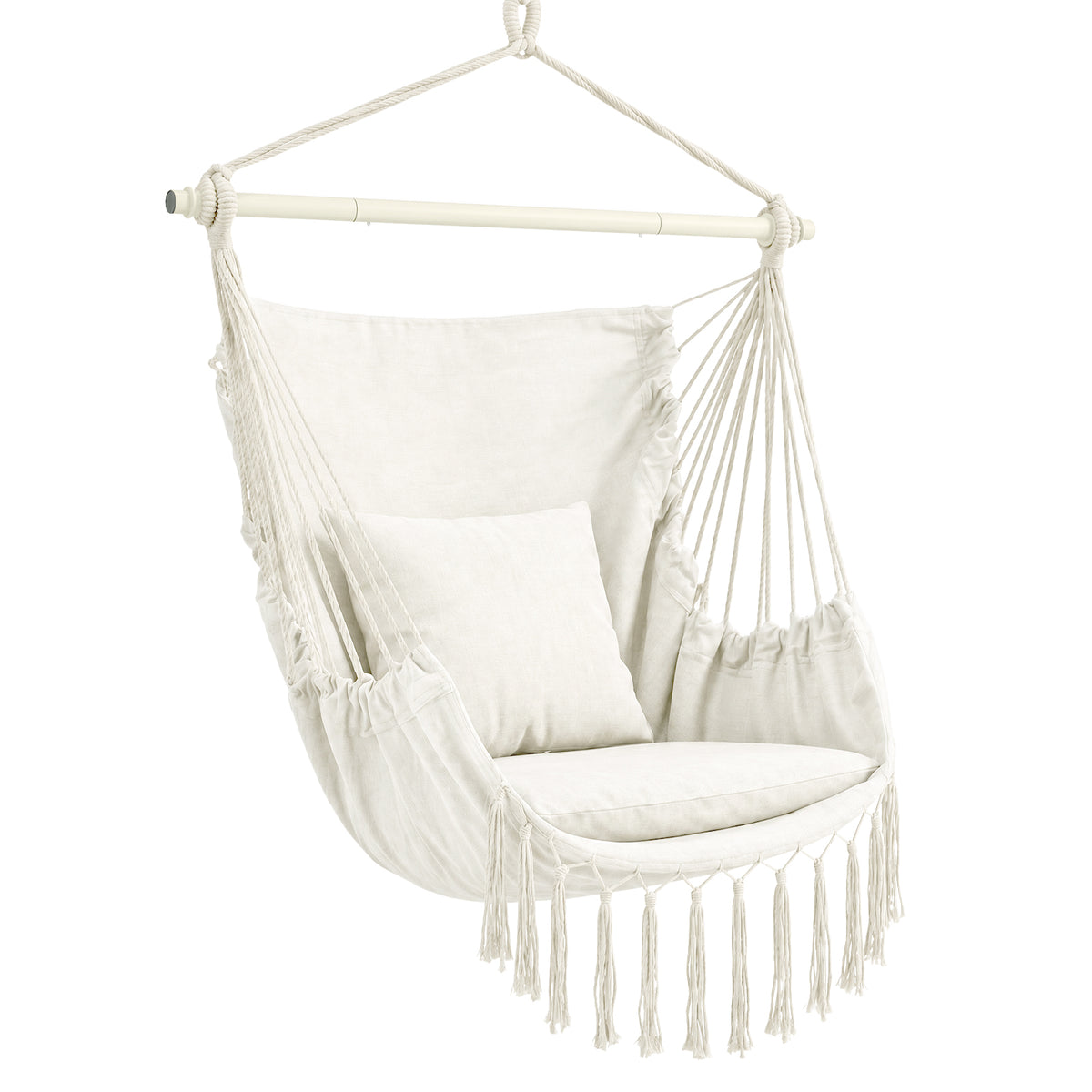 Sekey Hängesessel mit 2 Kissen & Seitentasche – Boho Hängestuhl in Creme für Balkon, Garten & Wohnbereich