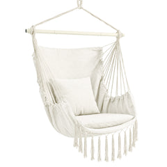 Sekey Hängesessel mit 2 Kissen & Seitentasche – Boho Hängestuhl in Creme für Balkon, Garten & Wohnbereich