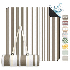 Sekey Picknickdecke Wasserdicht – Sandfreie Stranddecke mit klassischem Streifenmuster in Braun-Weiß, In Beige/Weiß gestreift, PEVA-Unterseite & Tragegurt für Picknick, Camping und Strand
