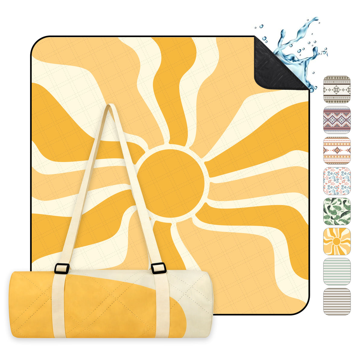 Sekey Picknickdecke Wasserdicht – Sandfreie Stranddecke mit Sonnen-Motiv, Sonnenmuster, PEVA-Unterseite & Tragegurt für Picknick, Camping und Strand
