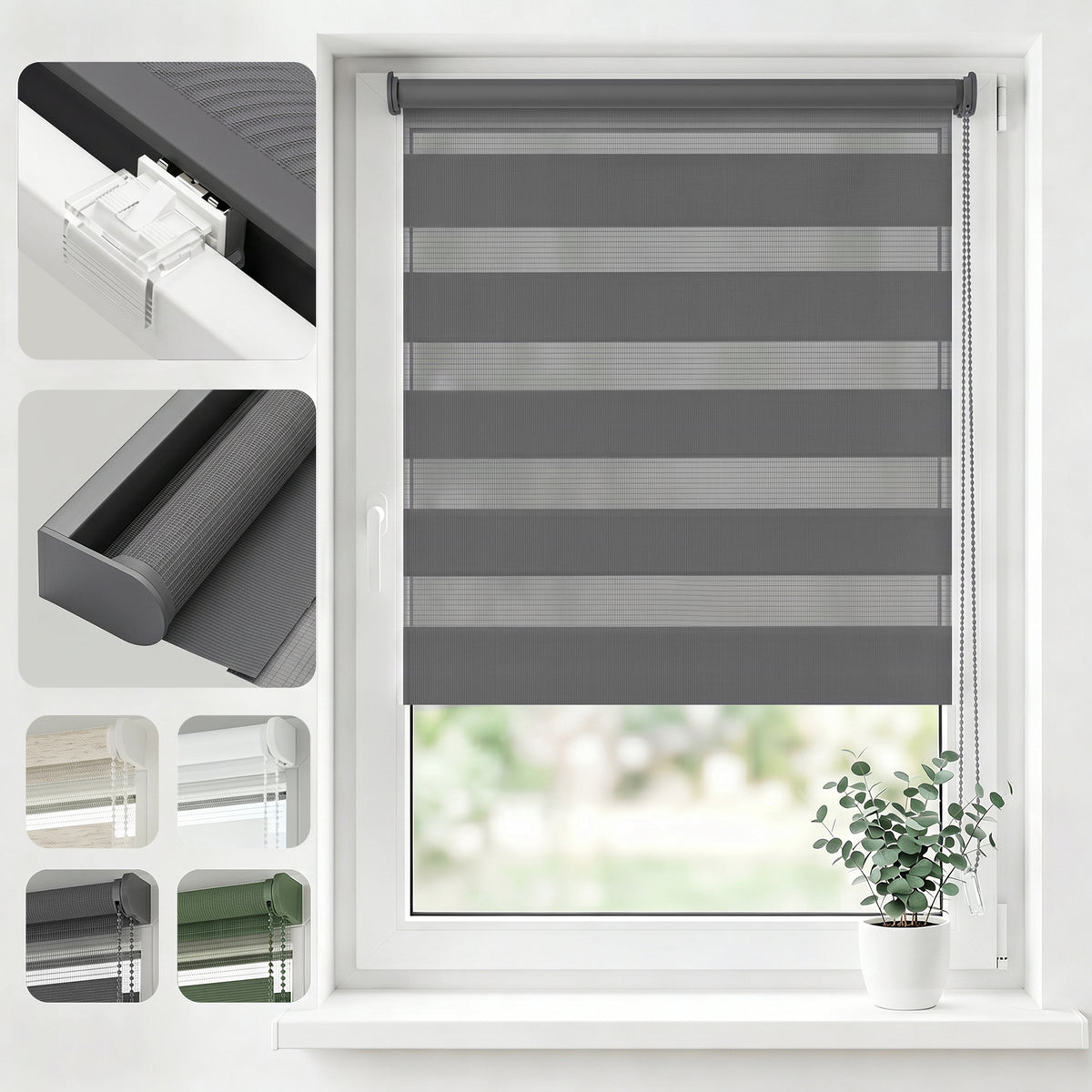 Salcar Doppelrollo Klemmfix Grau – Duo Rollo ohne Bohren für Fenster, Zebra Rollo mit Metallkern-Halterungen, Moderner Sicht- und Sonnenschutz