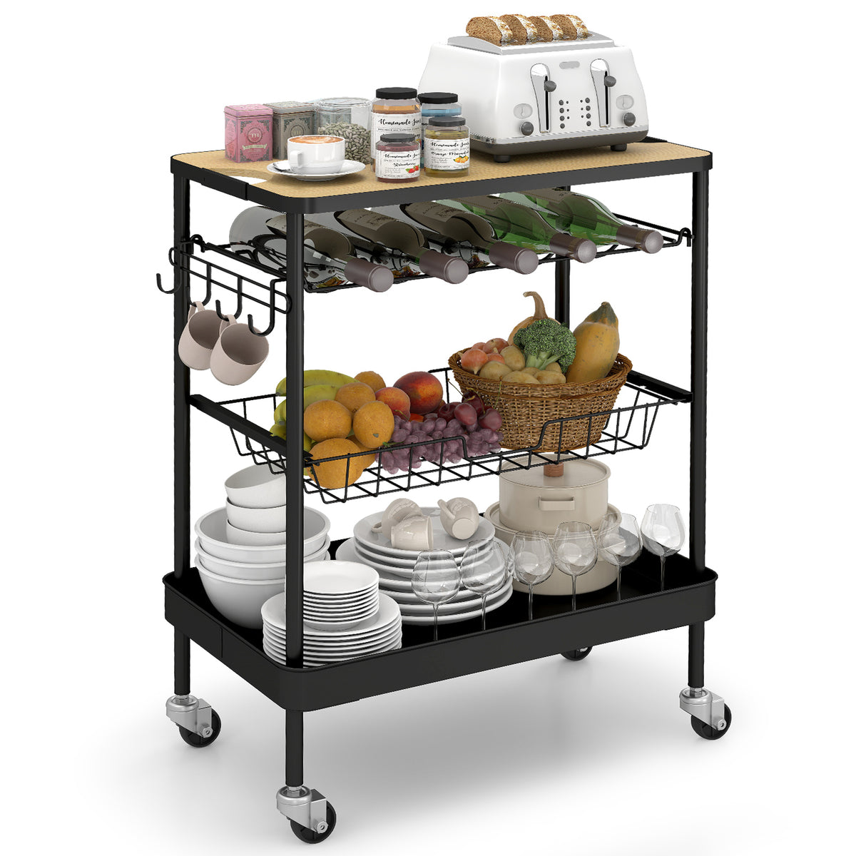 Sekey Servierwagen mit Rollen – Barwagen & Küchenwagen mit MDF-Platte, Weinglashalter, Haken & Schubladenkorb, 360°-Rollen, Griff, rostfest – Schwarz