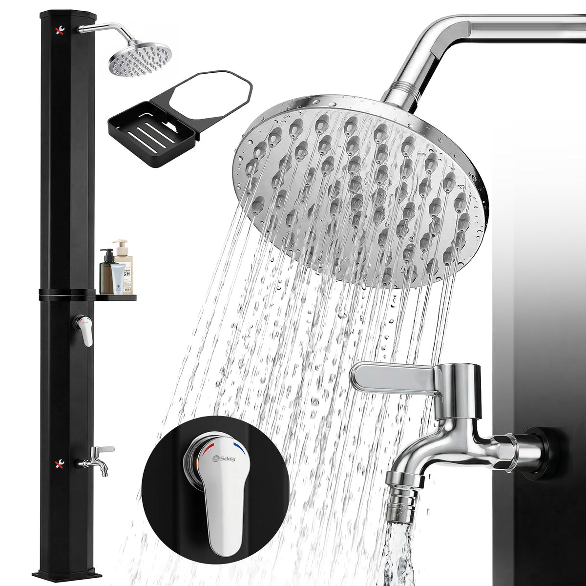 Sekey Gartendusche, Solardusche 40L / 60L Gartendusche mit Regenduschkopf & Fußdusche – bis 60°C, ohne Strom für Garten, Pool & Camping
