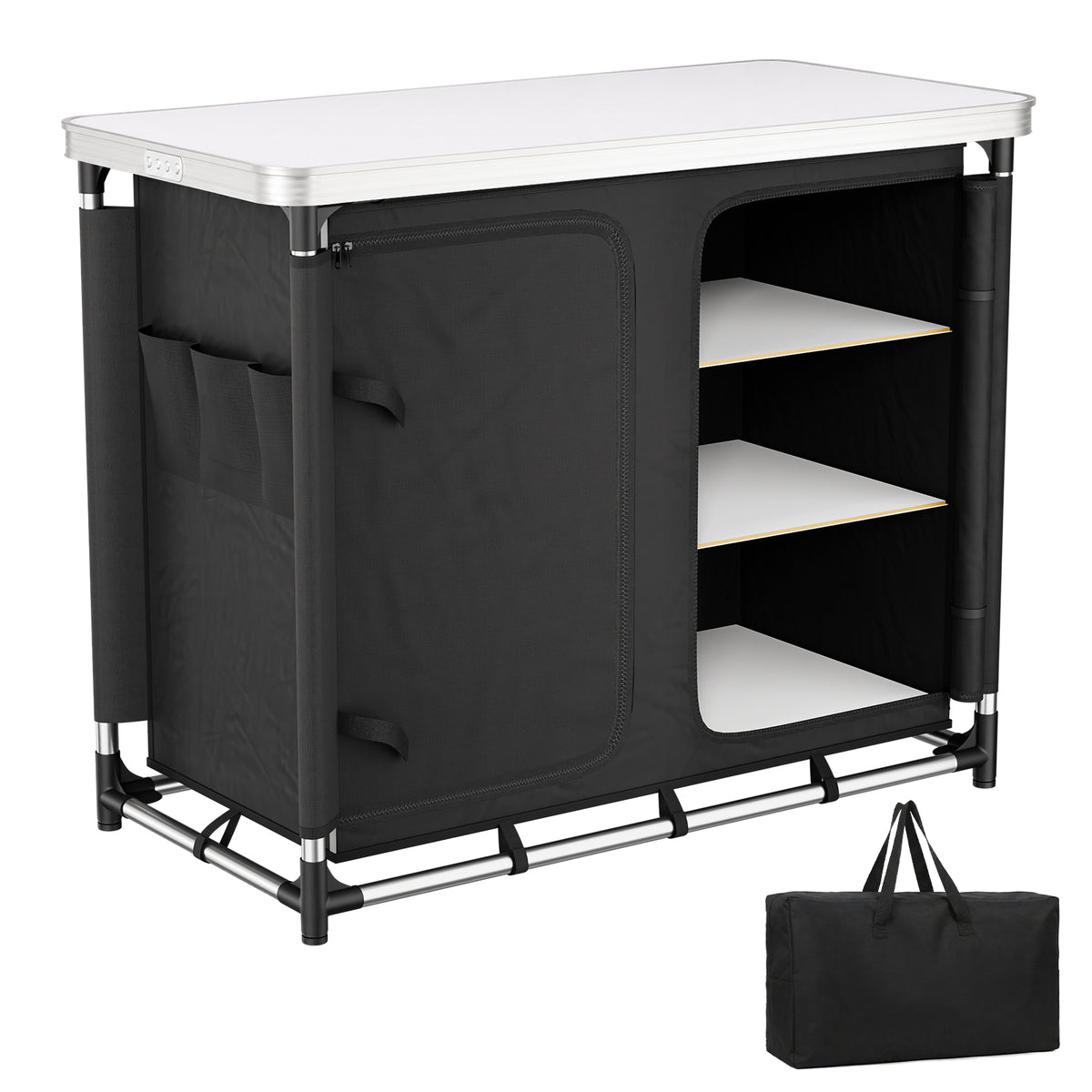 Sekey Campingschrank faltbar mit Tischplatte, Campingküche Outdoor 79 x 48 x 96 cm, Campingküche mit 6 Fächern, Aluminiumgestell, MDF-Arbeitsplatte, für Camping, Wohnmobil & Garten