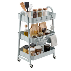 Sekey Rollwagen Küche 30 cm – Schmaler Servierwagen aus Metall mit Rollen, 3 Ablagen, 2 Metallkörben & 4 Haken