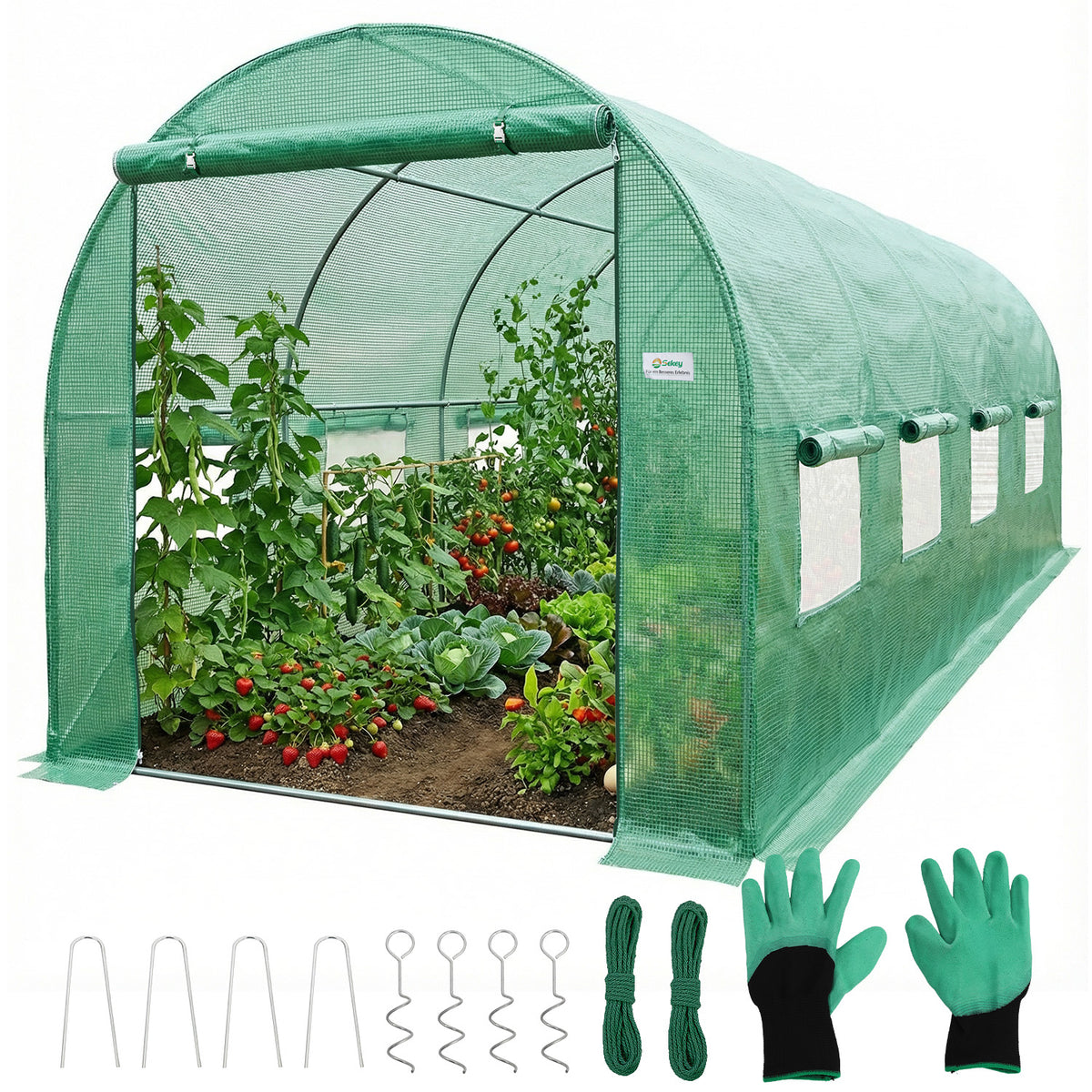 Sekey Winterfestes Foliengewächshaus 4×2×2 m – 8 m² Folientunnel aus verzinktem Stahl, 2 m Stehhöhe, 2 Türen & 8 Fenster, 140 g/m² PE-Folie inkl. Profi-Verankerung