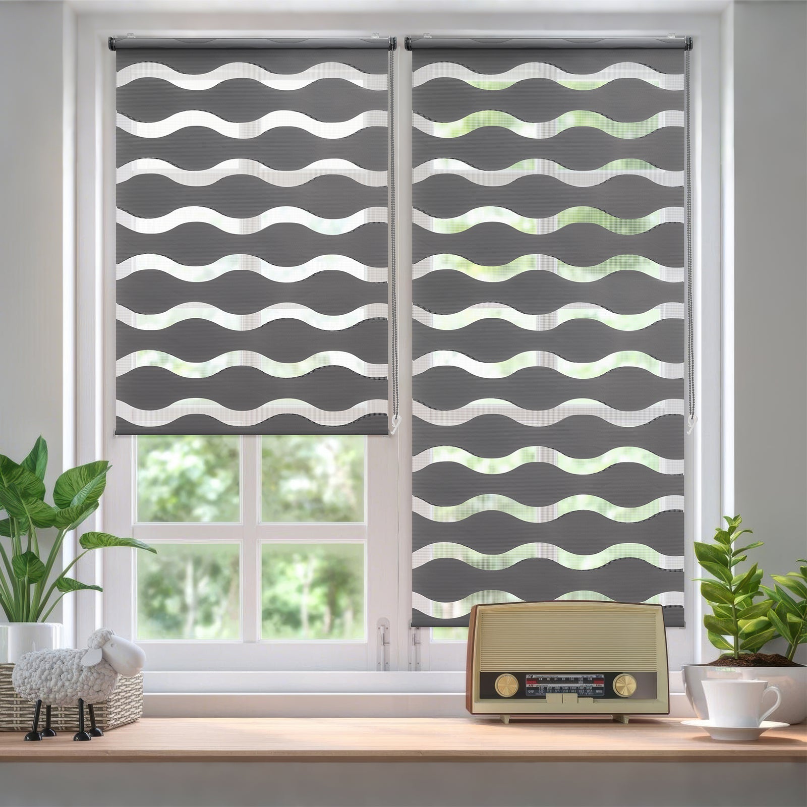 Sekey Doppelrollo Wellenmuster Duo-Rollo Klemmfix ohne Bohren - Lichtdurchlässig & Blickdicht, Fensterrollo für Wohnzimmer, Schlafzimmer & Büro Sekey