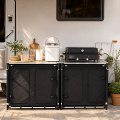 Sekey Campingschrank faltbar mit rollbarer Aluminium-Tischplatte, Campingküche Outdoor 79 × 48 × 96 cm, 6 Fächer, Aluminiumgestell, Camping Tisch mit Stauraum für Wohnmobil, Garten & Festival