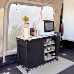 Sekey Campingschrank faltbar mit rollbarer Aluminium-Tischplatte, Campingküche Outdoor 79 × 48 × 96 cm, 6 Fächer, Aluminiumgestell, Camping Tisch mit Stauraum für Wohnmobil, Garten & Festival