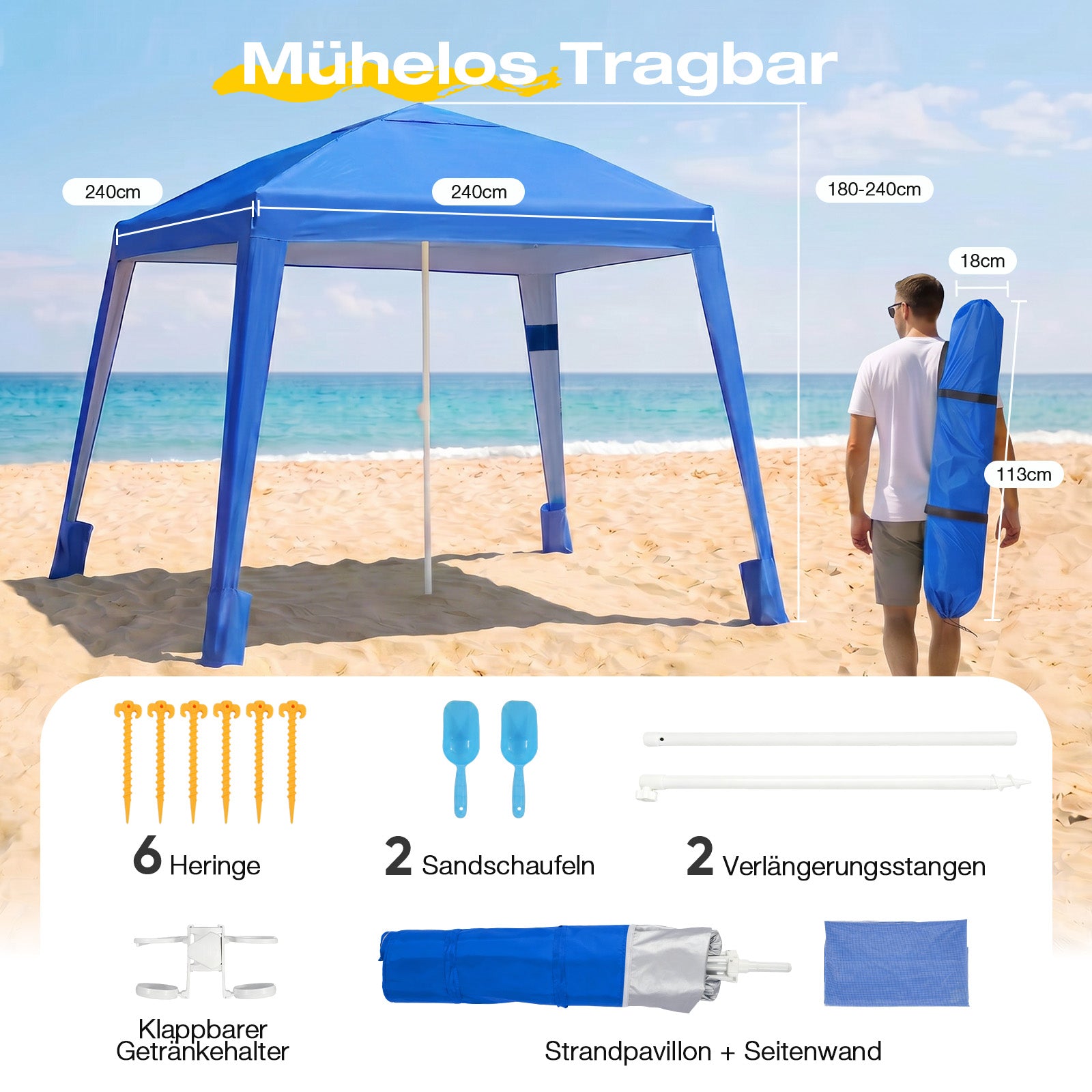 Sekey Strandmuschel Zubehör mit Sandsäcken Schraubheringen Sandschaufeln und Verlängerungsstangen