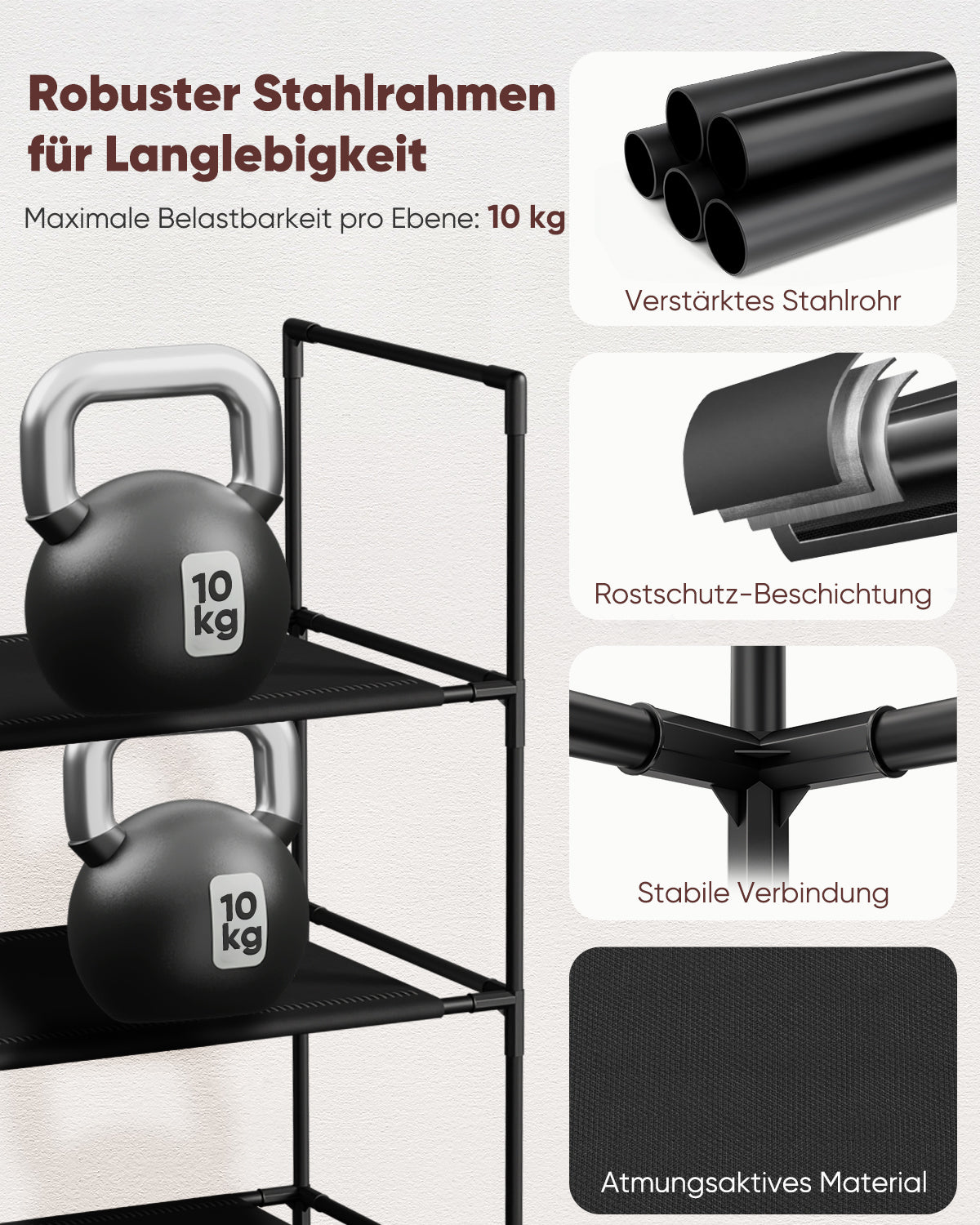 Sekey Schuhregal 3/4 Ebenen – Stapelbares Schuhregal aus Metall und Vliesstoff, platzsparend, stabil, ohne Bohren, für Flur, Schlafzimmer & Bad, Schwarz Sekey