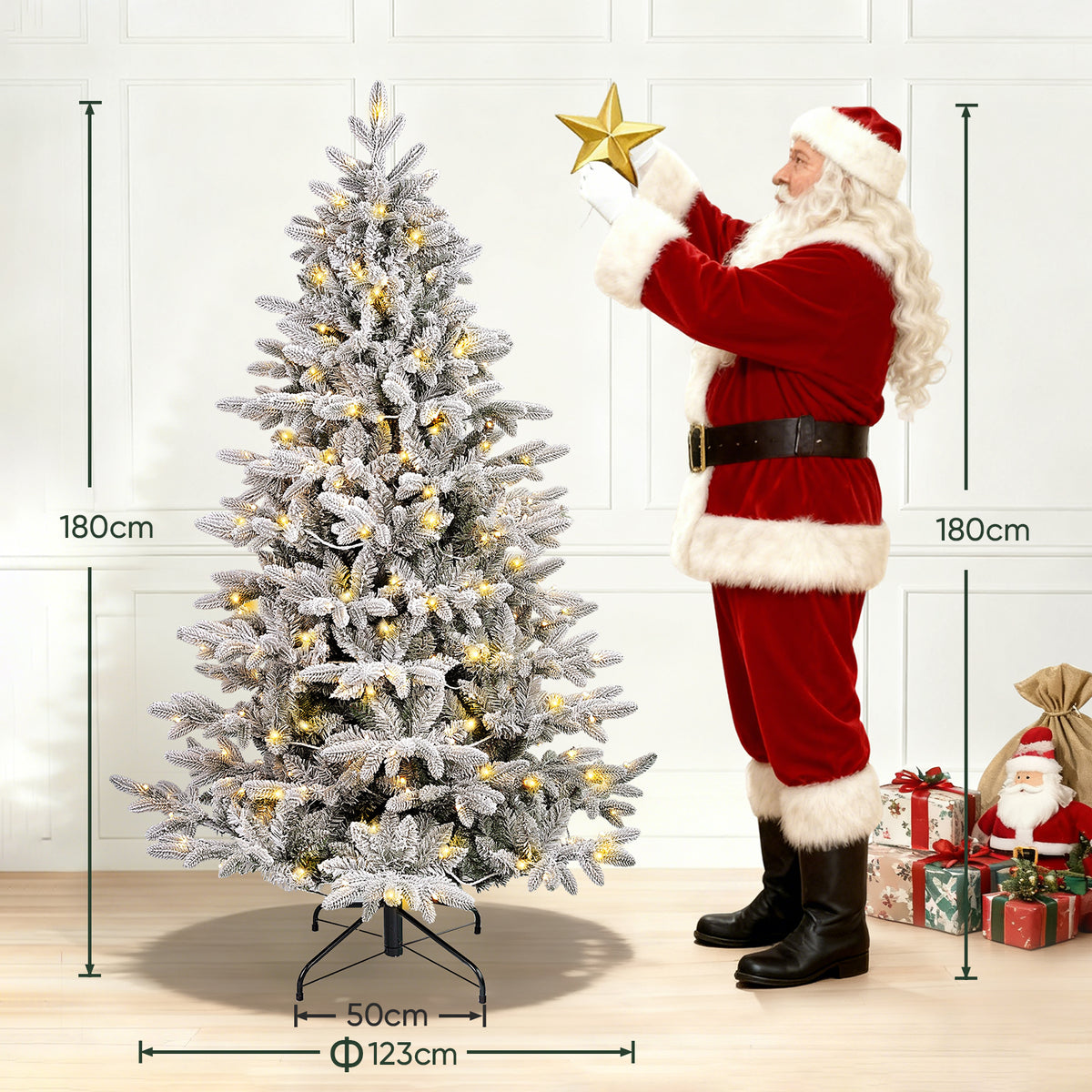 Salcar Künstlicher Weihnachtsbaum mit Schnee und LED Beleuchtung – Realistischer Tannenbaum mit Metallständer, 180 cm / 210 cm, warmweißes Licht