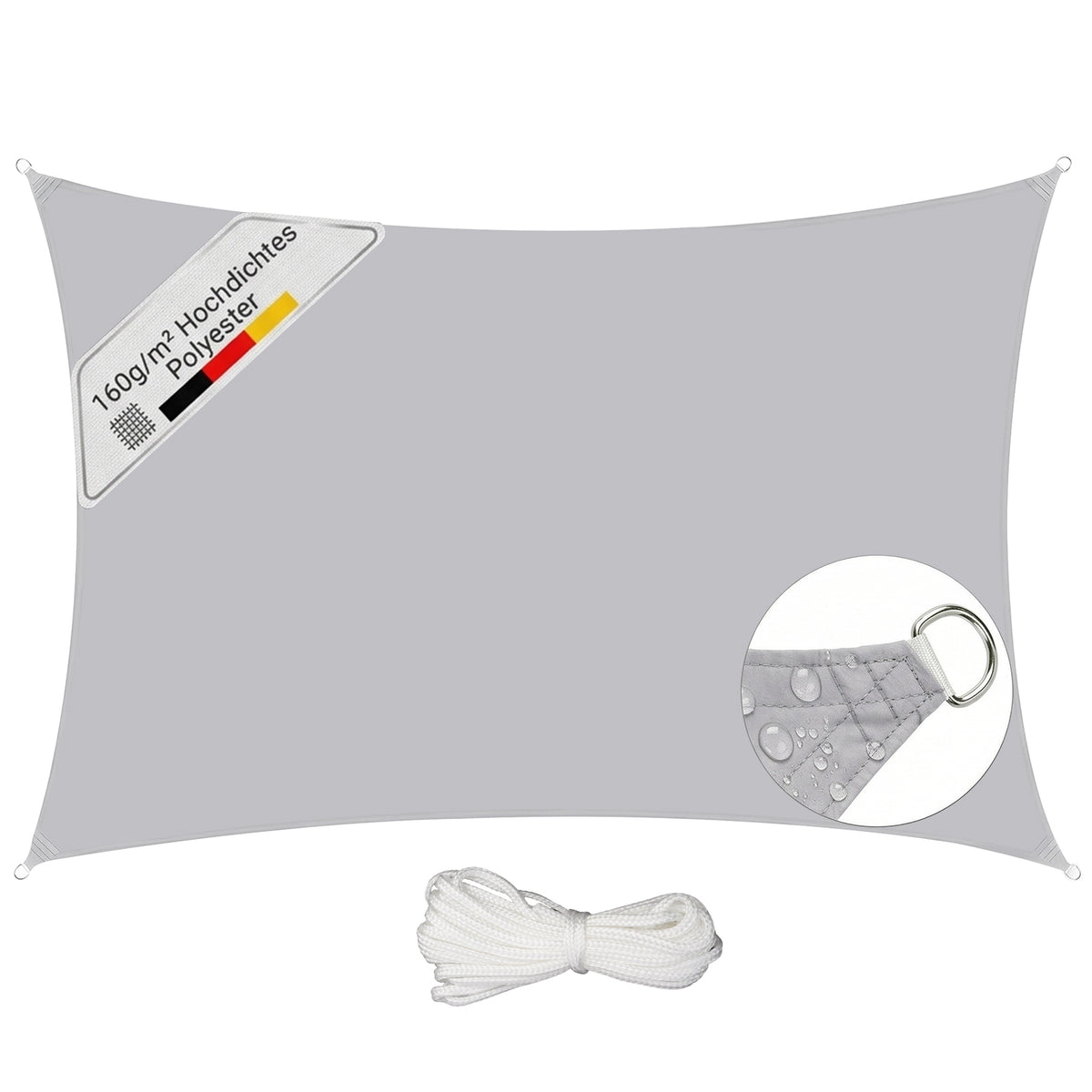 Sunula Sonnensegel wasserdicht ohne Mittelnaht – PES 160g/m², UV-Schutz 95% UPF50+, reißfest & wetterfest mit Lotus-Effekt, Rechteckig für Balkon, Terrasse & Garten (Hellgrau)