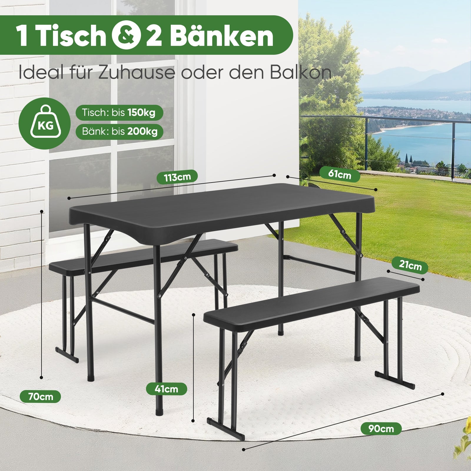 Sekey Bierzeltgarnitur 113 cm – 3-teiliges klappbares Set mit Tisch & 2 Bänken | Esstischgarnitur für Garten, Balkon, Camping oder Party Sekey