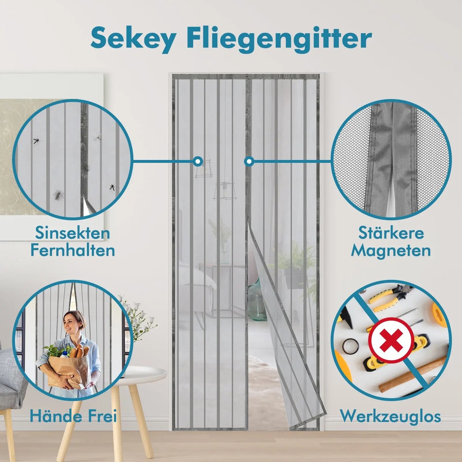 Sekey Magnet Fliegengitter Tür aus Polyester, mit Bändern, Grau Sekey