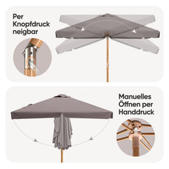 Sekey Sonnenschirm Balkon 200x125 cm rechteckig in Holzoptik – höhenverstellbar, neigbar mit Aluminium-Drehgelenk, UV50+ Polyester, Push-Up-System für Balkon, Terrasse & Garten