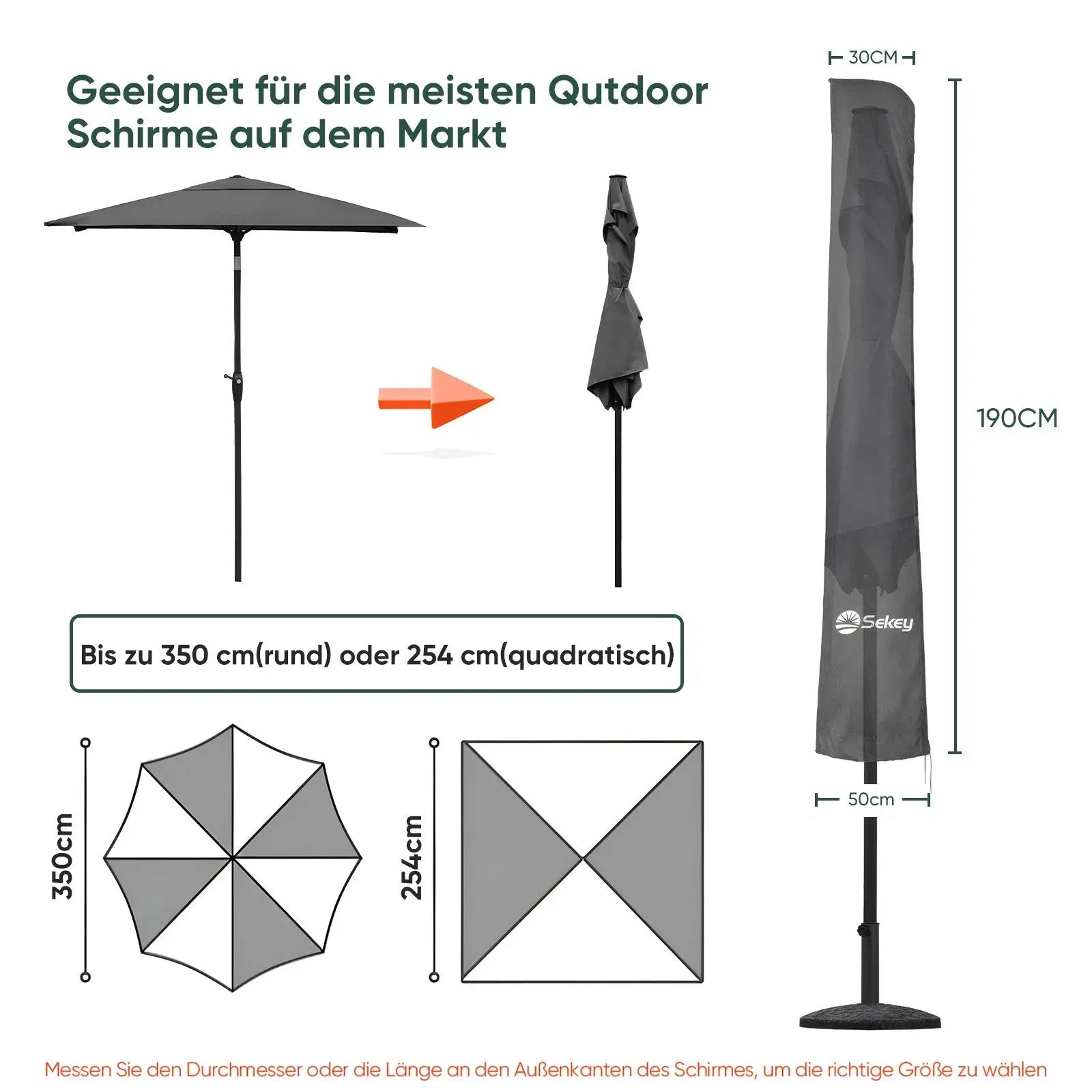 Sekey 190 x 30/50 cm Schutzhülle für 350 cm Sonnenschirm, aus Polyester-Gewebe Sekey