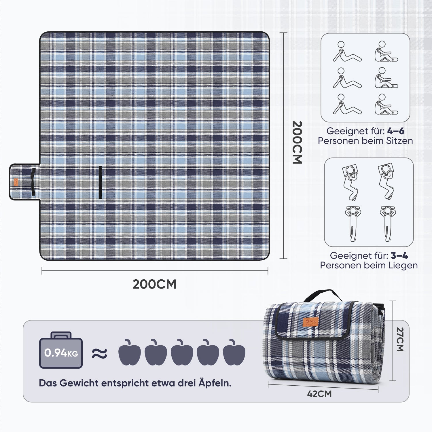 Sekey XXL Picknickdecke 200x200 cm – Waschbare & Schmutzabweisende Camping- und Stranddecke, Faltbar & Bequem für Outdoor, Park & Wiese Sekey