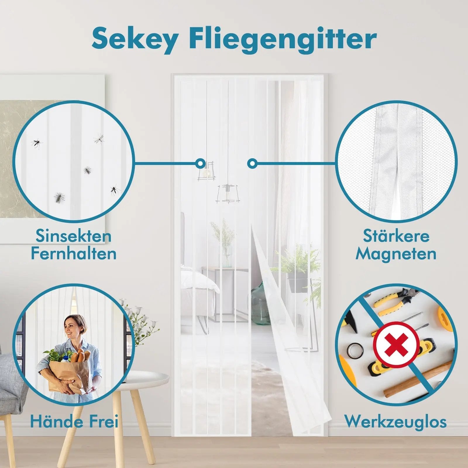 Sekey Magnet Fliegengitter Tür aus Polyester, mit Bändern, Weiß Sekey