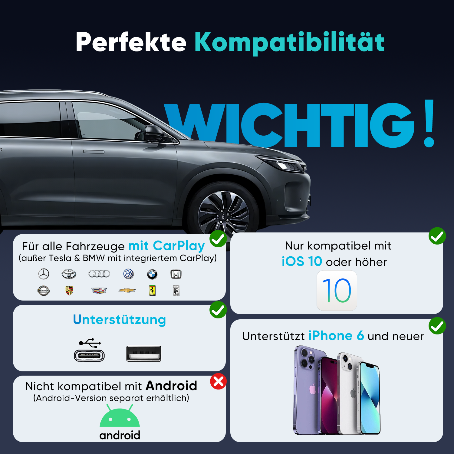 Salcar Kabelloser CarPlay Adapter für iPhone – 2025 Upgrade, Wireless USB Dongle für stabiles & unterbrechungsfreies CarPlay, kompatibel mit iOS 10+ Salcar