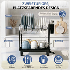 Sekey 2-stufiges Abtropfgestell Geschirr – Platzsparender Doppel-Geschirrständer mit Besteckablage, Rostfrei & Schwarz für Spüle und Küchenarbeitsplatte