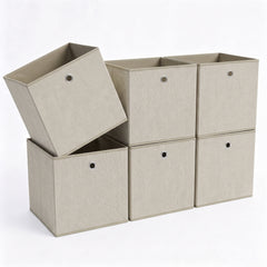 Sekey Aufbewahrungsboxen 6er Set 33 × 33 × 33 cm – Faltbare Stoffboxen mit Grifföse, stabile Ordnungsboxen für Kallax-Regale, Beige