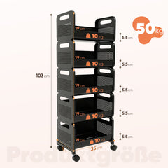 SekeyRollwagen schwarz 25 cm breit, Küchenwagen mit 4 oder 5 Ebenen, Servierwagen mit Rollen, Metall Aufbewahrungsregal, flexibel einstellbar, 360° Rollen mit Bremse