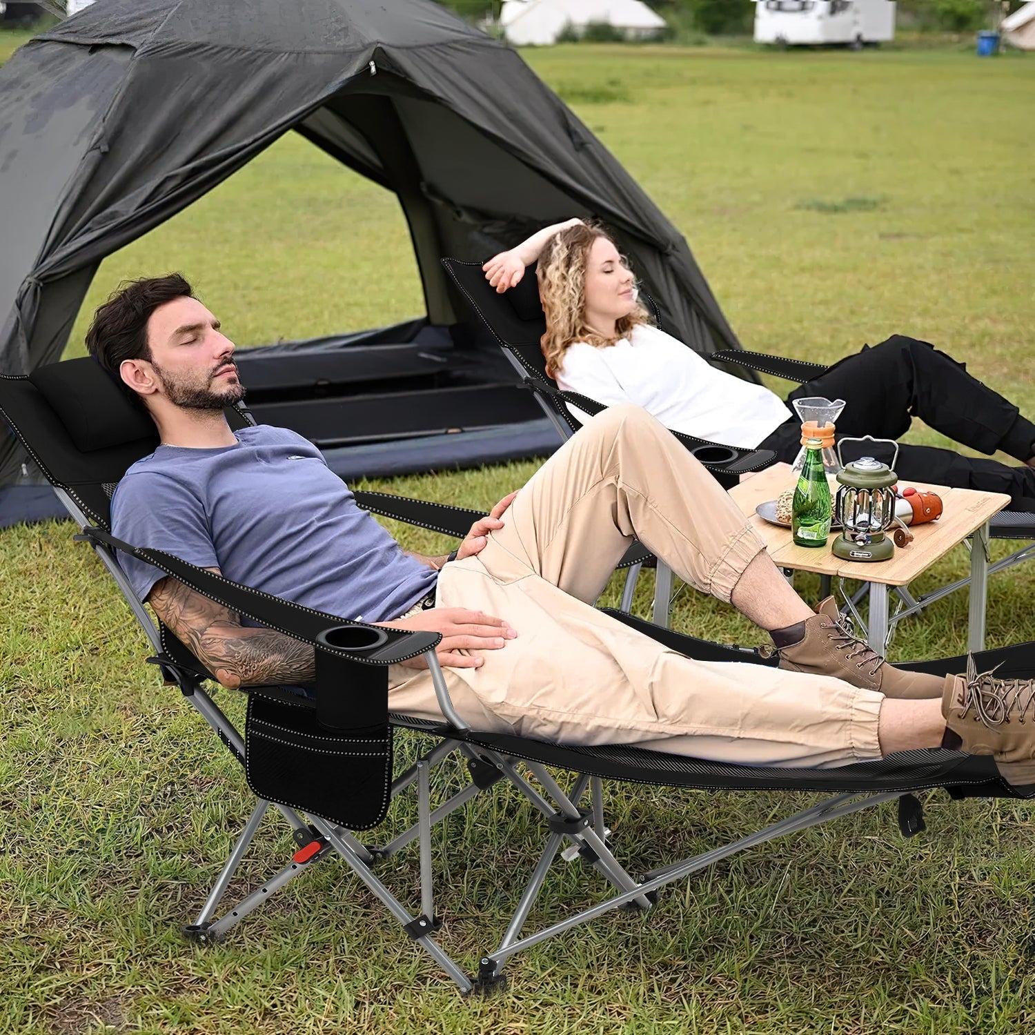 Sunula Klappbarer Campingstuhl, Liegestuhl 2-in-1, Belastbar bis 100 kg, Abnehmbare Fußablage, Getränkehalter, Tragetasche, Leicht, Verstellbare Rückenlehne, Für Angeln, Strand, Camping, Garten, Outdoor Sekey