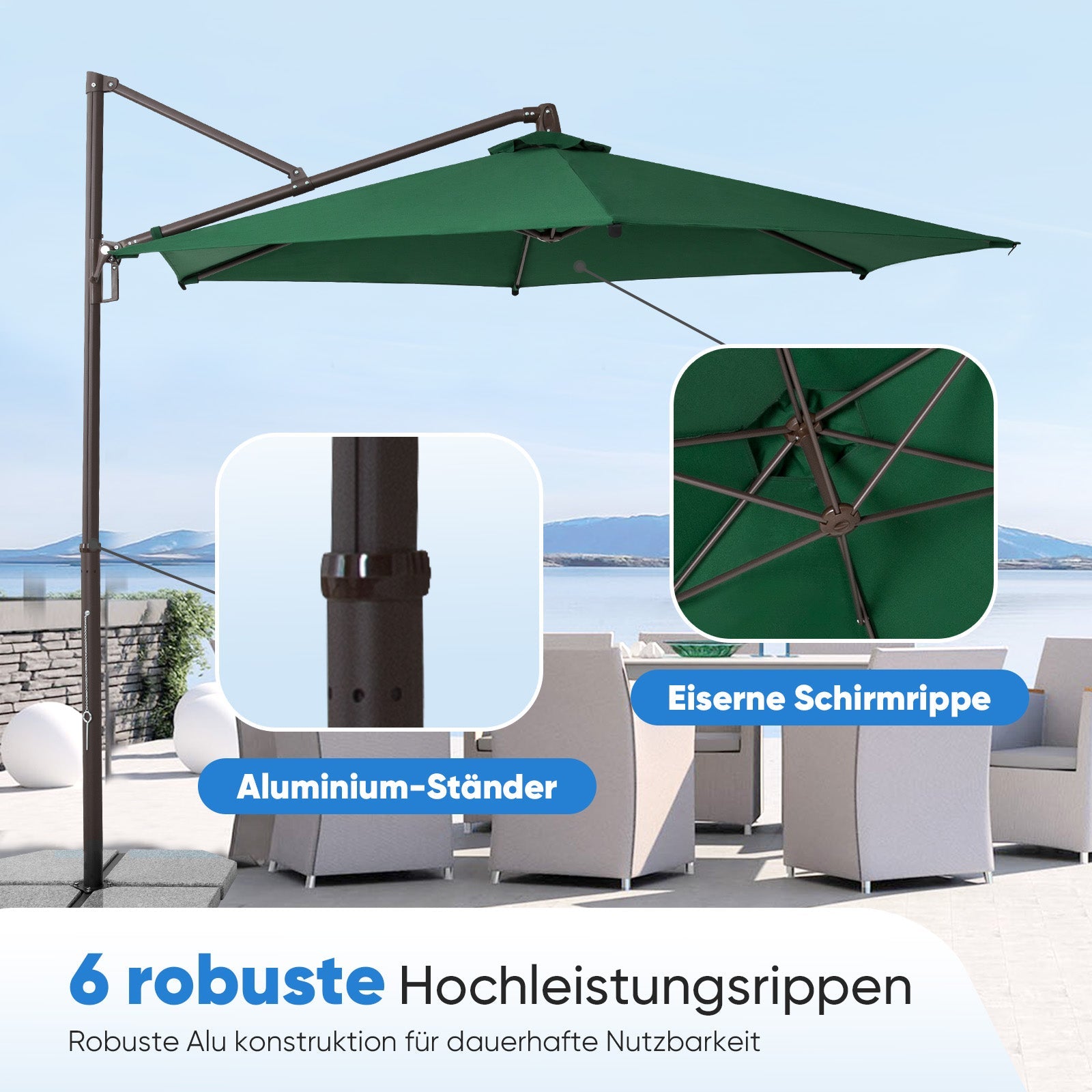 Sekey Ampelschirm 300 cm Aluminium Sonnenschirm mit 360° Drehung, Neigefunktion, UV50+ Schutz Sekey