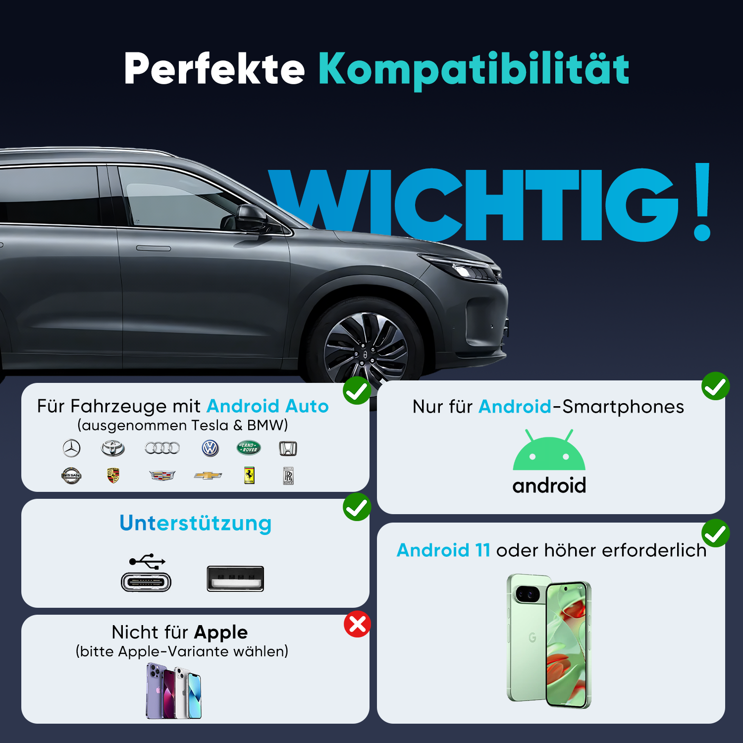 Salcar Kabelloser Android Auto Adapter – 2025 Upgrade, Wireless USB Dongle mit Dualband WiFi für stabile & unterbrechungsfreie Verbindung, kompatibel mit Android 11+ Salcar