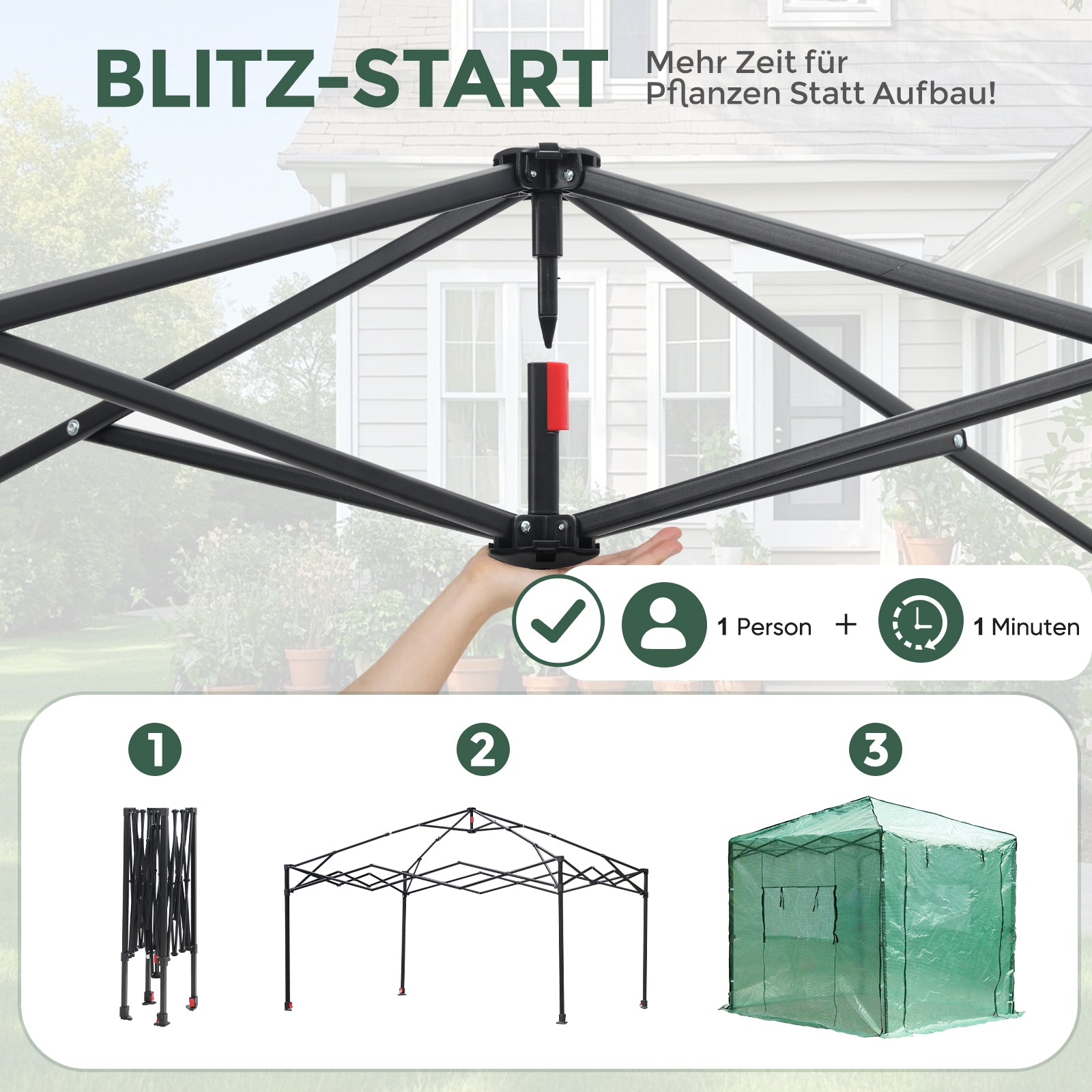 Sekey Pop-Up Foliengewächshaus 240×240×180 cm Großes Gewächshaus mit One-Touch-System für schnellen Aufbau im Garten Sekey