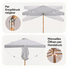 Sekey Sonnenschirm Balkon 200x125 cm rechteckig in Holzoptik – höhenverstellbar, neigbar mit Aluminium-Drehgelenk, UV50+ Polyester, Push-Up-System für Balkon, Terrasse & Garten