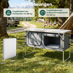 Sekey Campingtisch faltbar 120 cm, höhenverstellbarer Campingtisch mit 2 Staufächern, Outdoor Campingküche mit Aluminiumgestell, 54–70 cm, inkl. Tragetasche