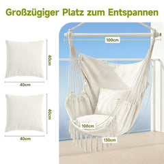 Sekey Hängesessel mit 2 Kissen & Seitentasche – Boho Hängestuhl in Creme für Balkon, Garten & Wohnbereich