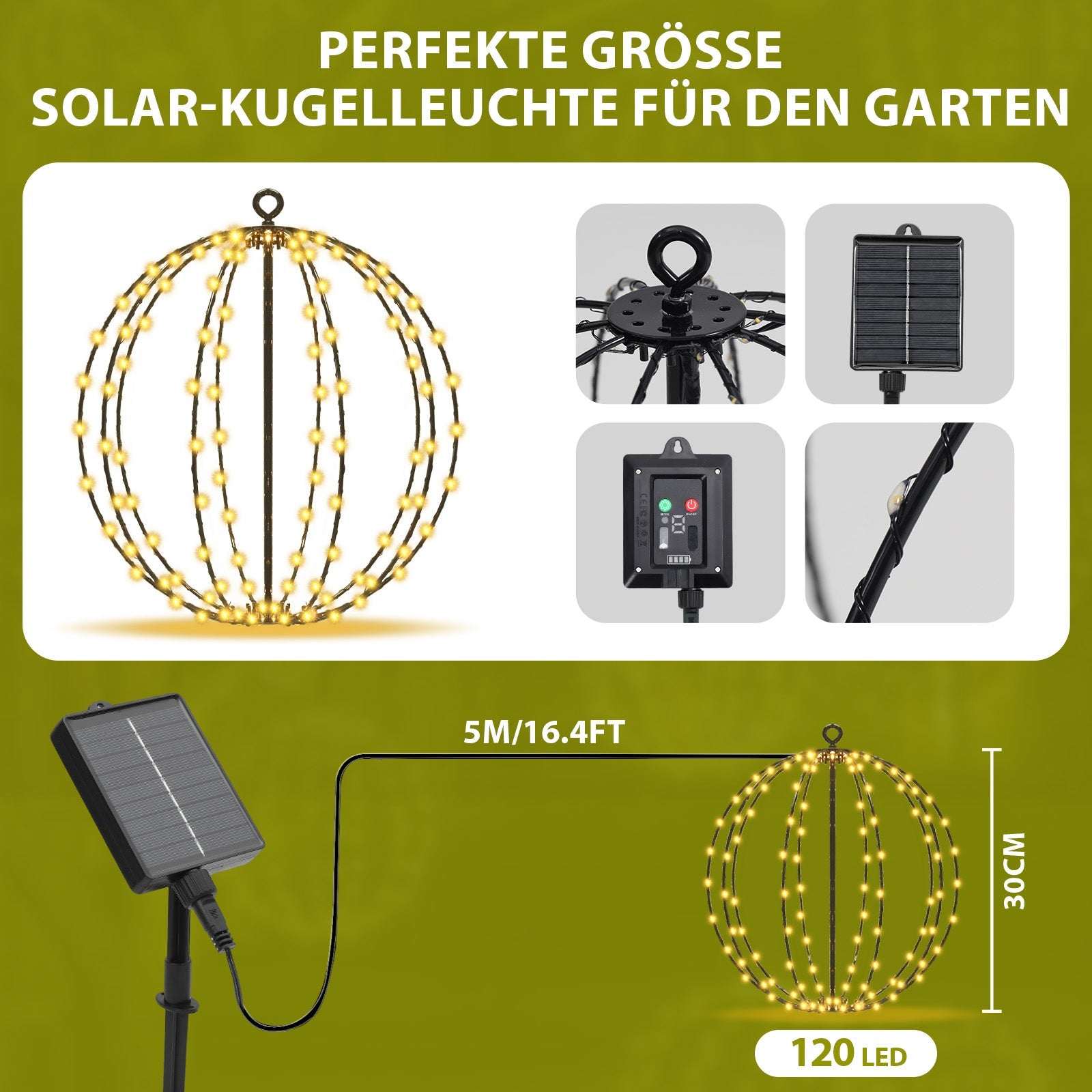 Salcar Solar LED Kugel Lichterkette warmweiß – 30 cm Ø mit 120 LEDs, 8 Modi & Fernbedienung, USB & Solar, IP44 wasserdicht, für Garten & Weihnachten Salcar