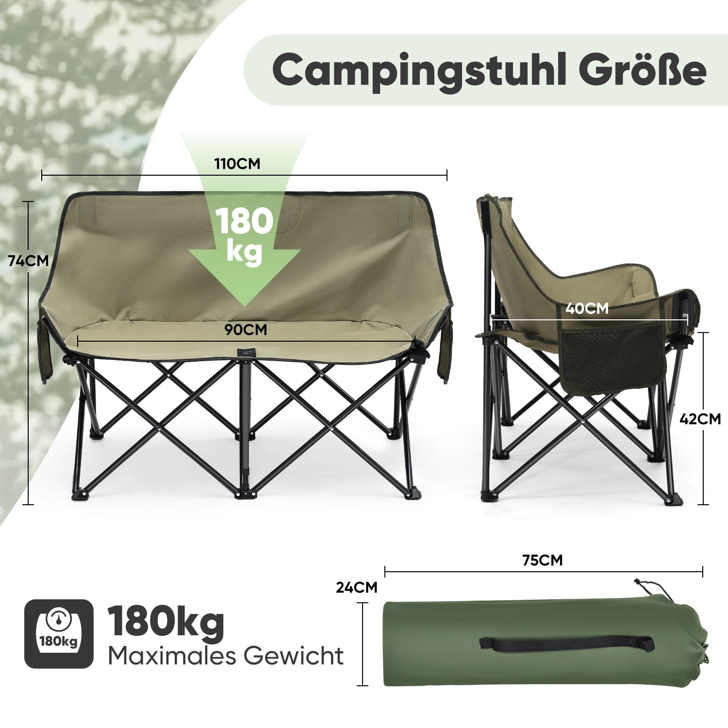 Sunula Faltbarer Campingsofa für 2 Personen, Tragbarer Campingstuhl bis 150 kg, Mit Armlehne und Tragetasche, Outdoor-Faltstuhl, Ideal für Picknick, Camping, Garten, Balkon, Angeln Sekey