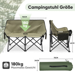 Sunula Faltbarer Campingsofa für 2 Personen, Tragbarer Campingstuhl bis 150 kg, Mit Armlehne und Tragetasche, Outdoor-Faltstuhl, Ideal für Picknick, Camping, Garten, Balkon, Angeln Sekey
