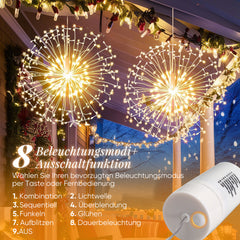 Salcar LED Leuchtkugel Weihnachten Feuerwerk Lichterkette – 198 LEDs, 8 Modi, Timer & Fernbedienung, Batteriebetrieben & IP44 Wasserdicht – Weihnachtsbeleuchtung für Innen & Außen