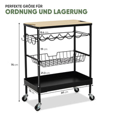 Sekey Servierwagen mit Rollen – Barwagen & Küchenwagen mit MDF-Platte, Weinglashalter, Haken & Schubladenkorb, 360°-Rollen, Griff, rostfest – Schwarz