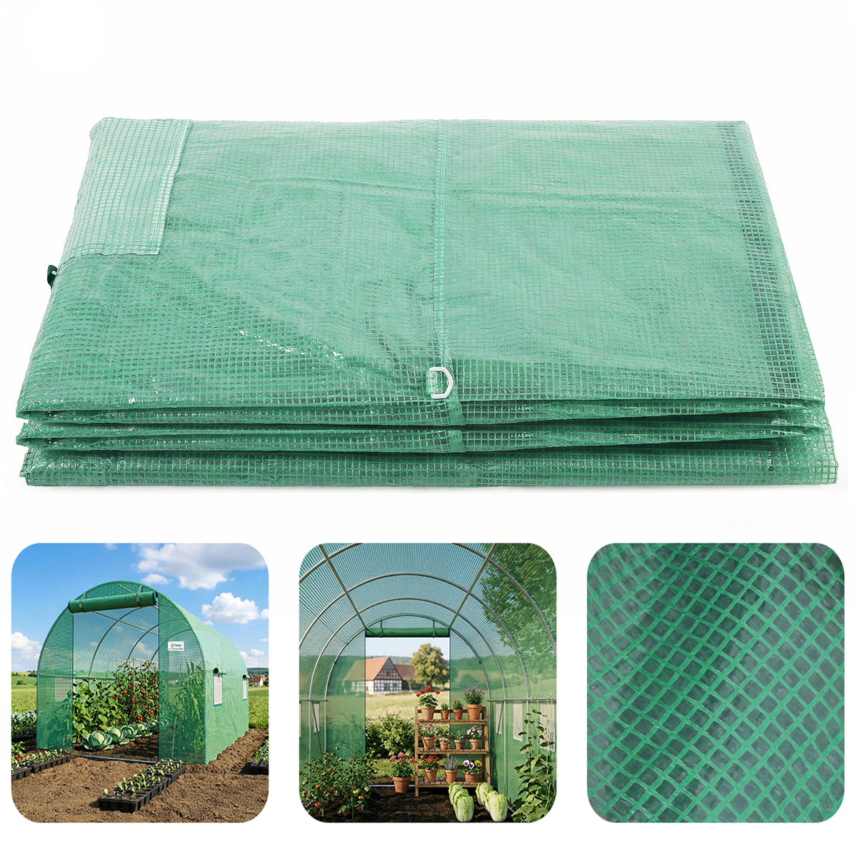 Sekey Ersatzfolie für Folientunnel 300 × 200 × 200 cm – 140 g/m² PE-Gitterfolie mit 4 Fenstern & 2 Türen, UV-beständig, reißfest, Gewächshaus-Ersatzabdeckung ohne Gestell
